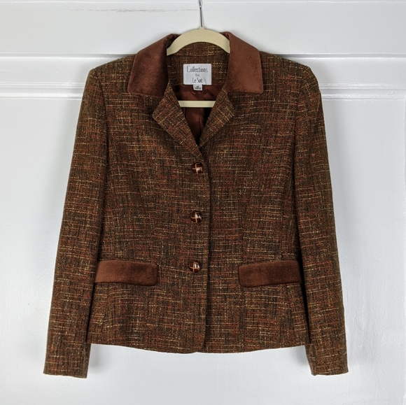 Vintage Wool Blend Brown Tweed Suede Blazer Jacket - Picture 1 of 7